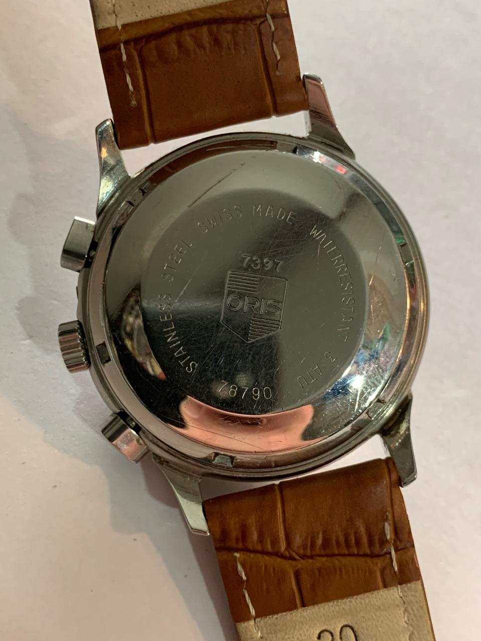 Oris Pilot Chronograph Ref 7397. Case 37mm. Quickset Date. Cal 7750. Yers 1980.