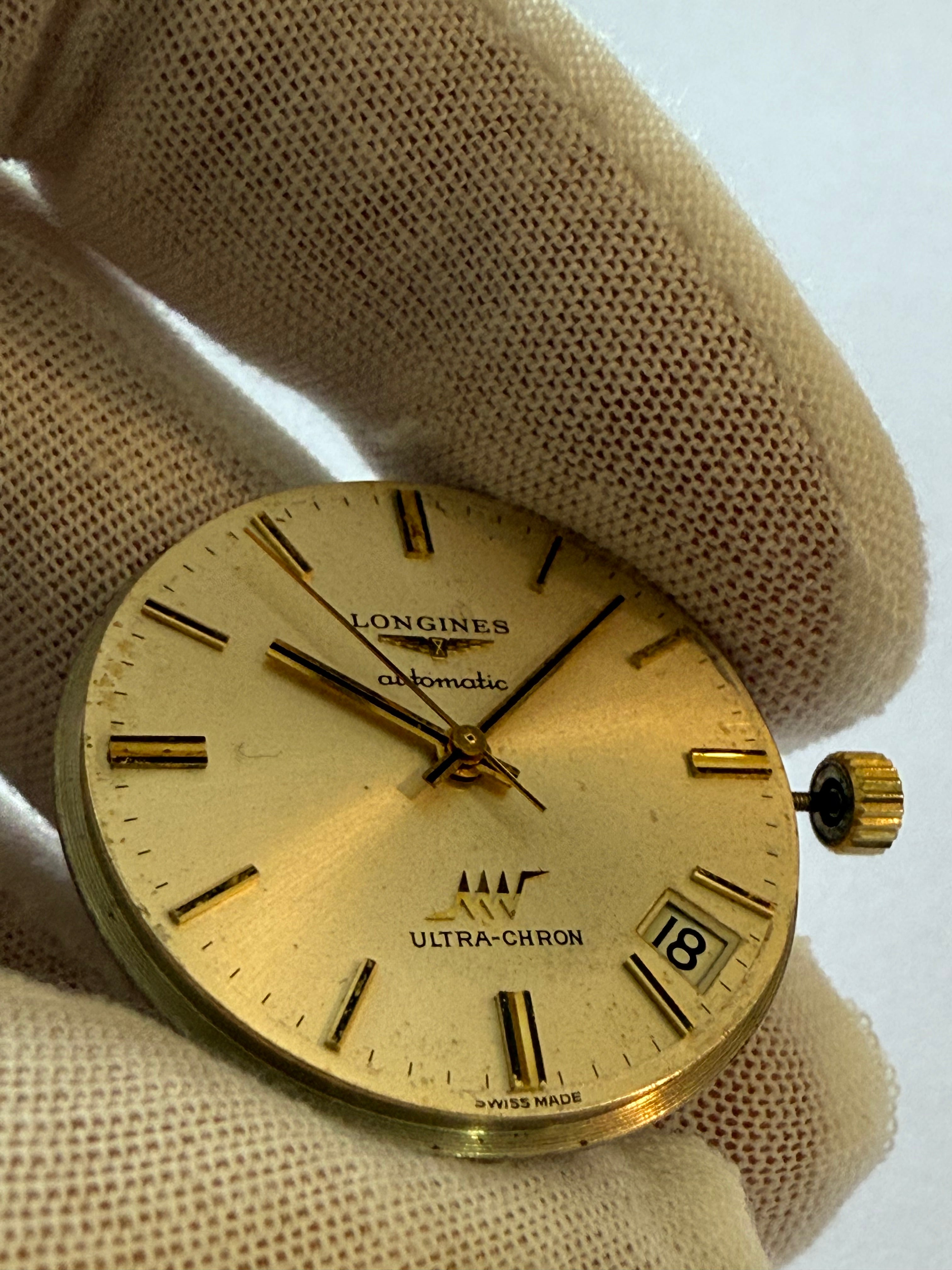 Original Longines Ultra-Chron automatic movement, Caliber 431 (36,000 vph), fully complete and serviced. Works perfectly. Original 18K Longines crown included. Dial has very light, natural aging spots (not damage). Date function works and advances correct