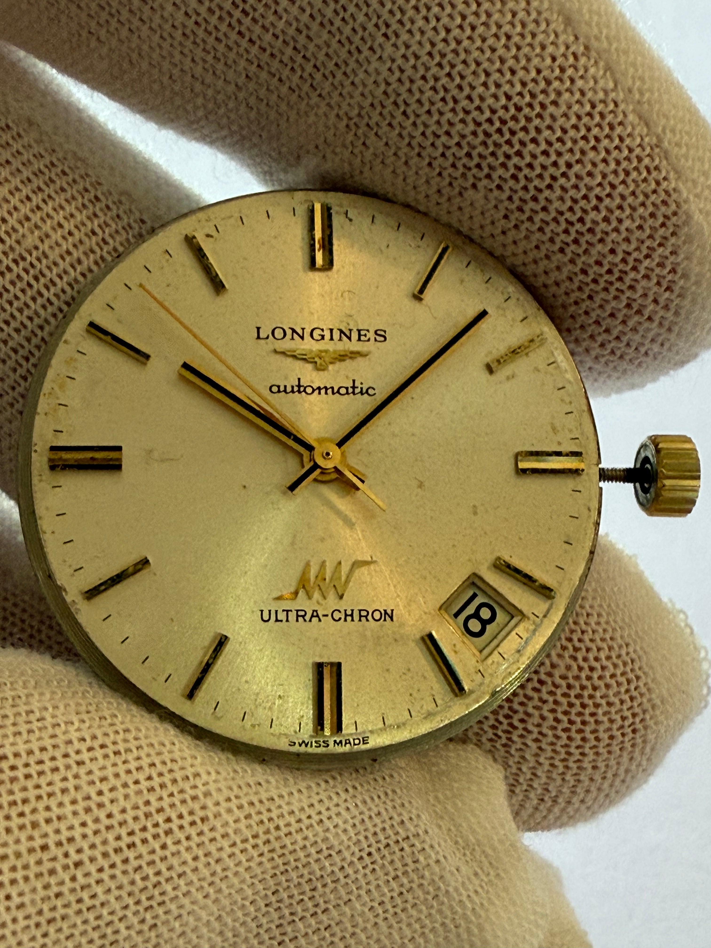 Original Longines Ultra-Chron automatic movement, Caliber 431 (36,000 vph), fully complete and serviced. Works perfectly. Original 18K Longines crown included. Dial has very light, natural aging spots (not damage). Date function works and advances correct