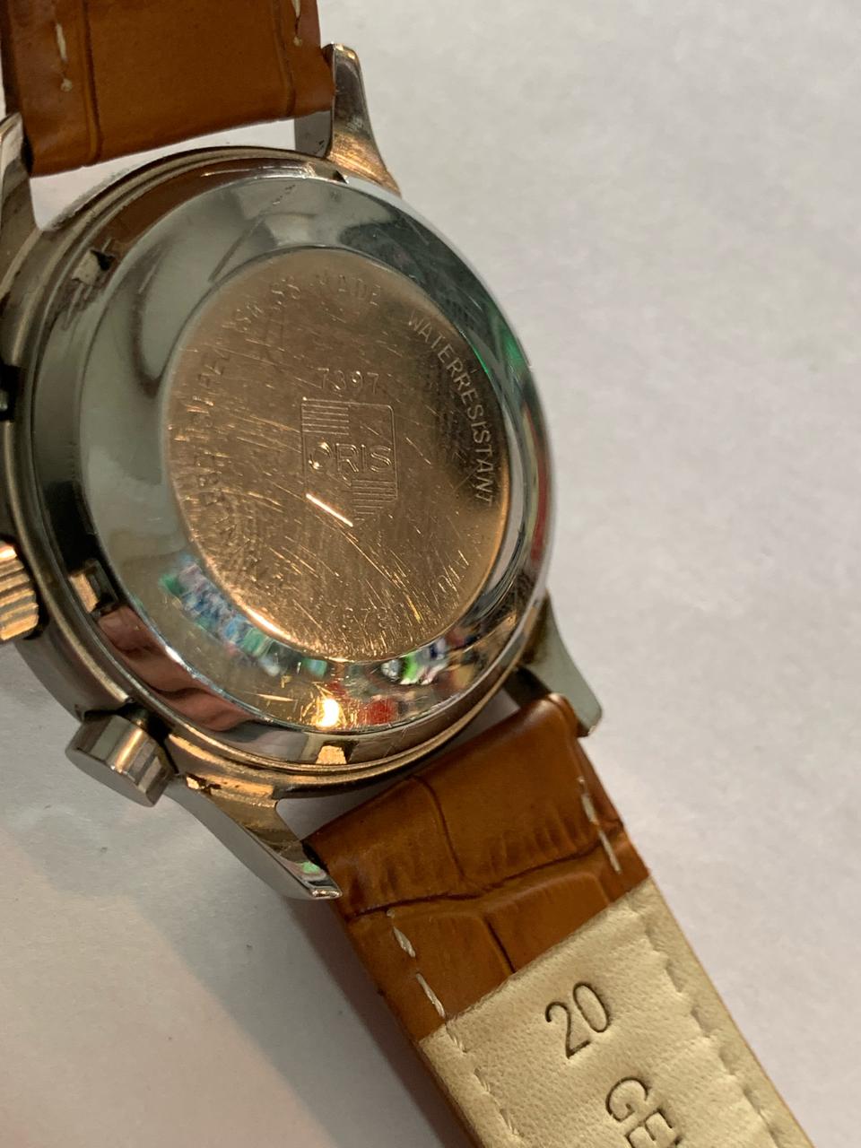 Oris Pilot Chronograph Ref 7397. Case 37mm. Quickset Date. Cal 7750. Yers 1980.